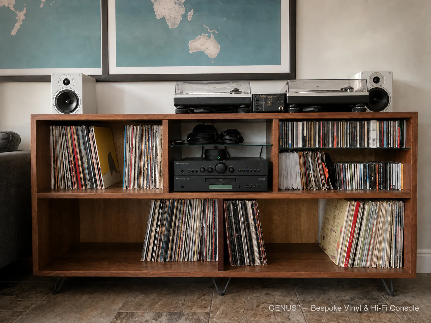 Bespoke walnut record storage cabinet with turntables and hi-fi equipment