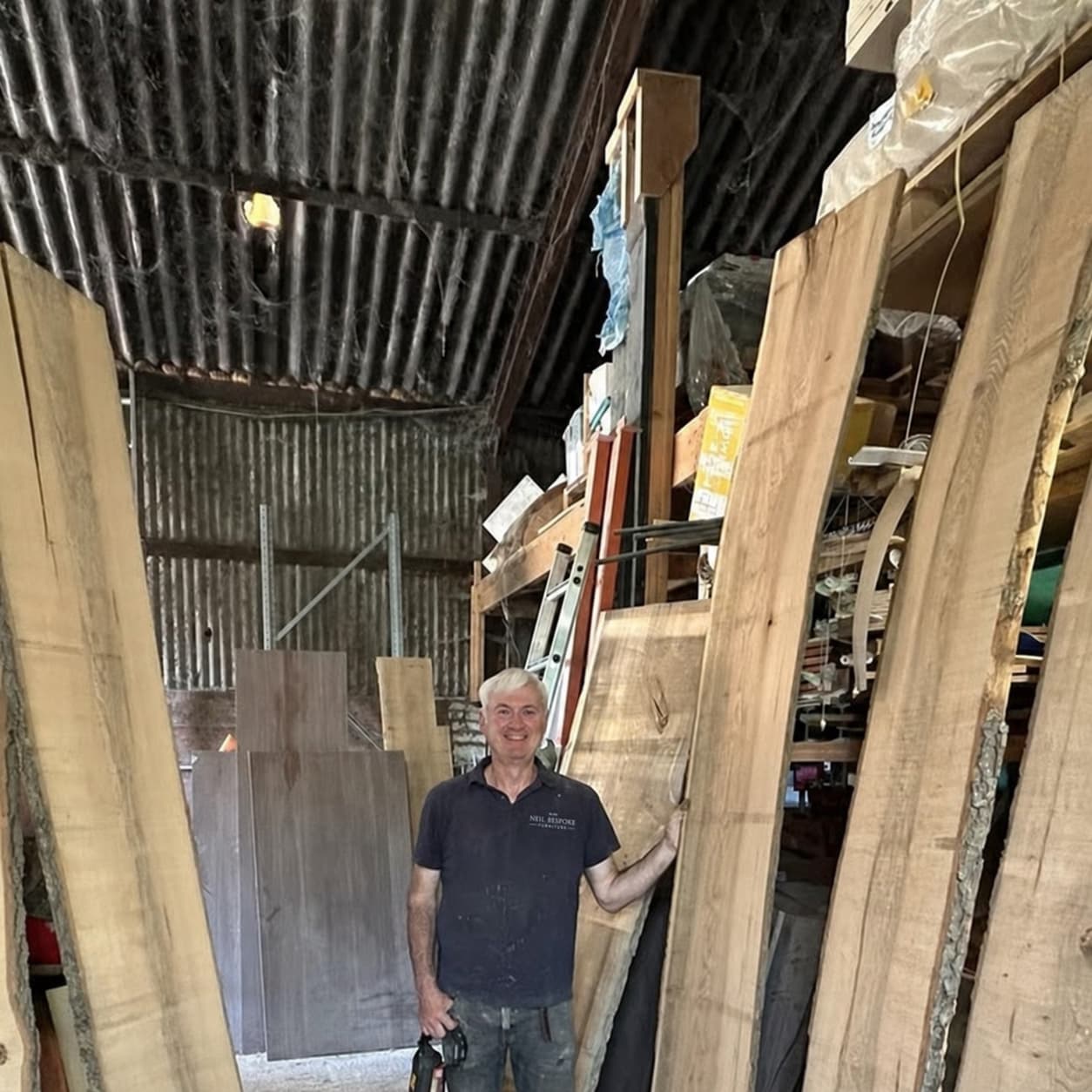 Neil selecting characterful ash boards in his York workshop