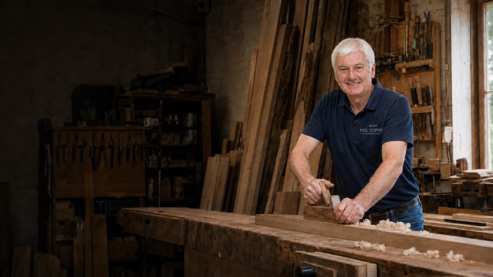 Neil hand-planing timber in his Yorkshire furniture workshop