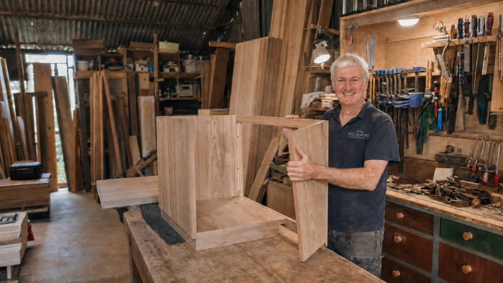 Neil standing with a bespoke cabinet in his York workshop