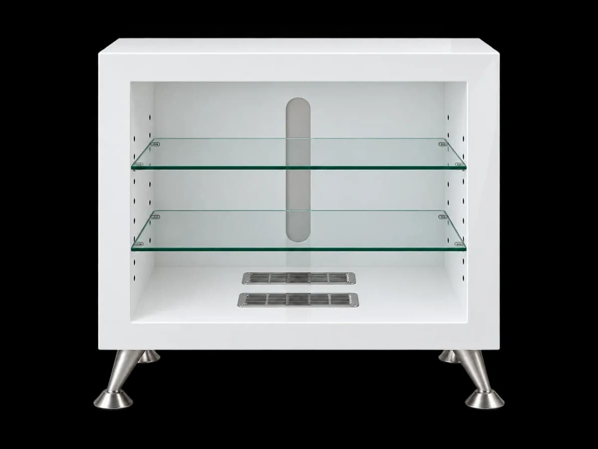Front view of a white cabinet with two glass shelves, ventilation grilles and a cable slot at the back.