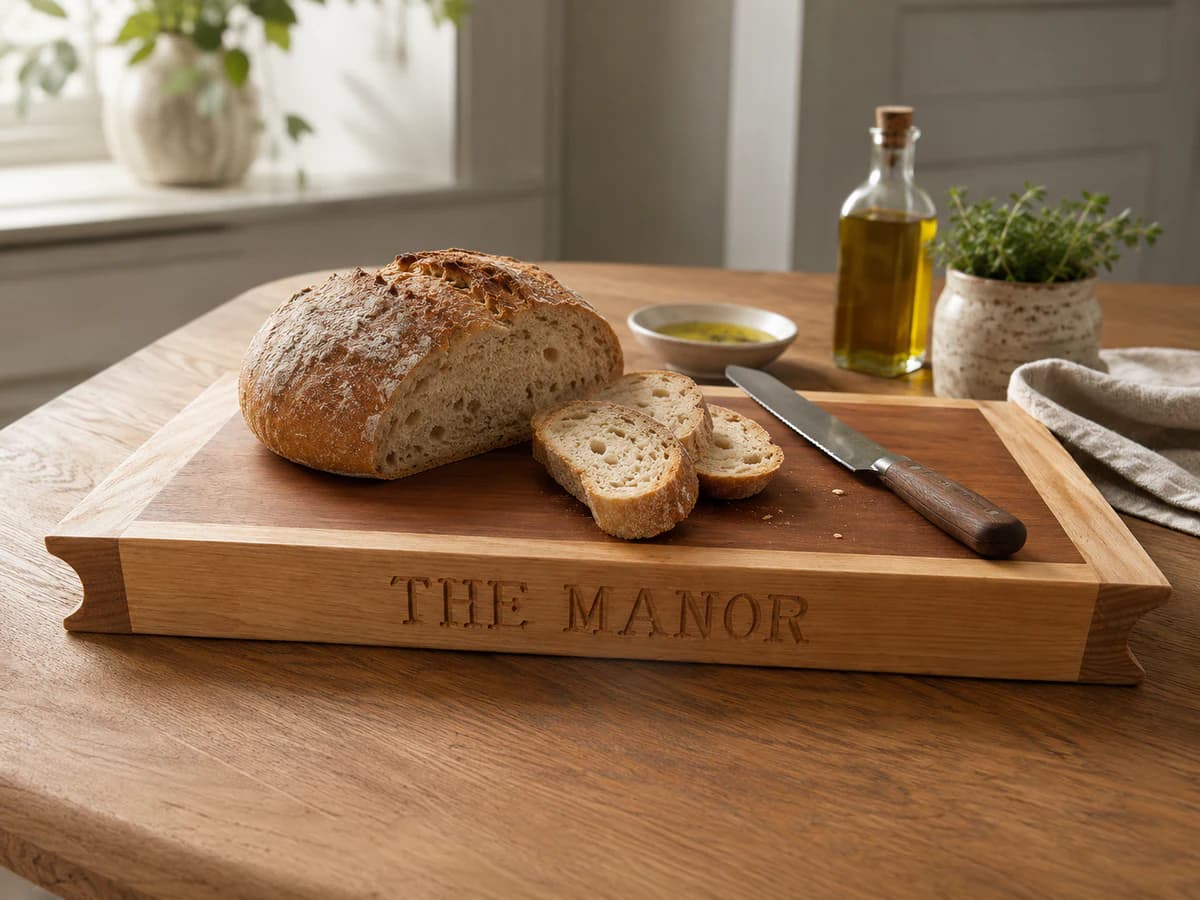 Full view of a handmade English ash end-grain chopping board with front engraving