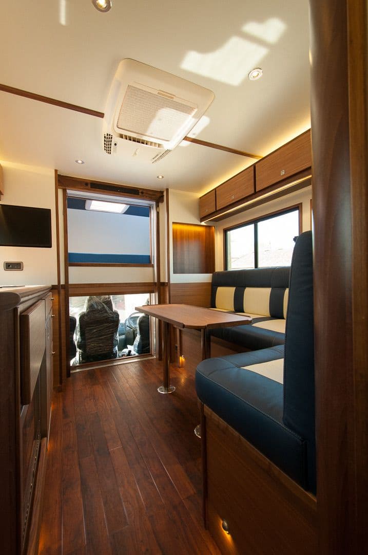 Forward view through the compact horsebox living interior